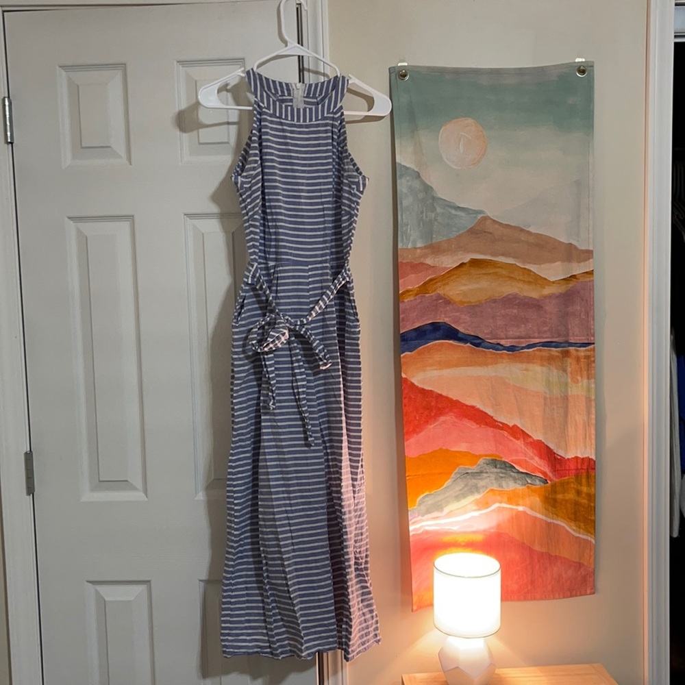 Blue and white striped sleeveless jumpsuit